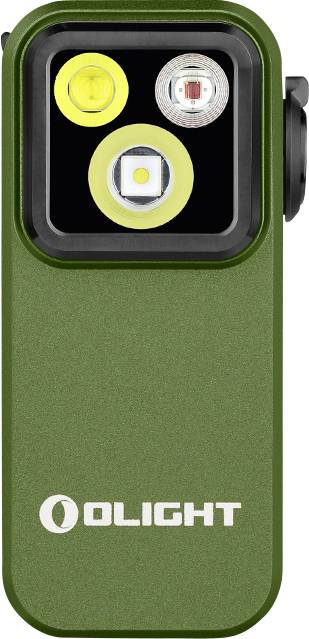 Grüne tragbare Taschenlampe mit drei LED-Lichtquellen verschiedener Größe, Markenname 'OLIGHT' auf der Vorderseite.
