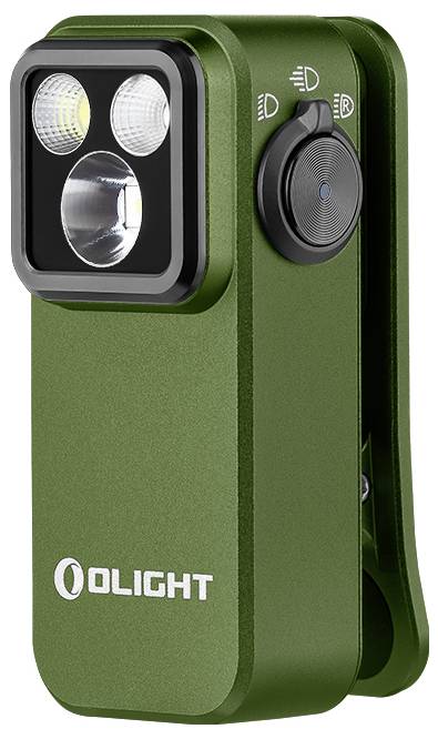 Grüne Taschenlampe von Olight mit zwei Lichtmodi und Clip zur Befestigung.