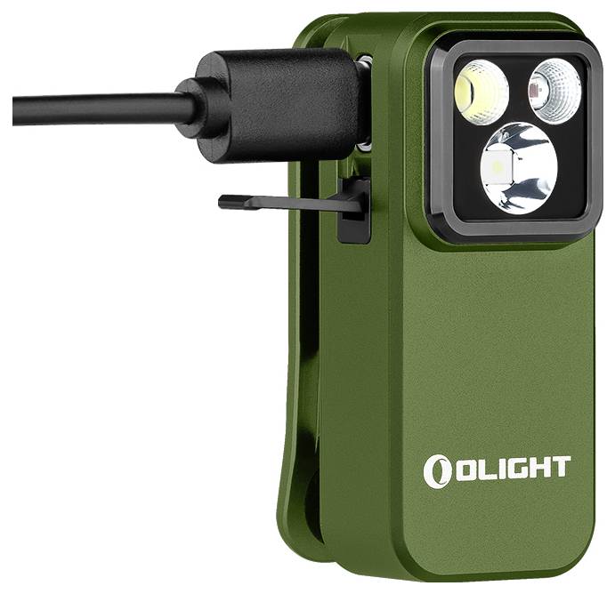 Grüne Olight-Taschenlampe mit zwei runden LEDs, einem quadratischen Sensor und einem Ladekabel an der Seite.