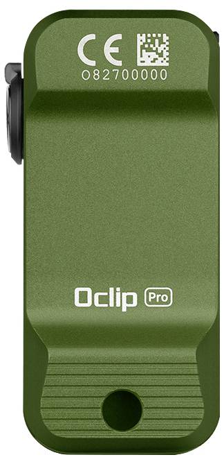 Grüner Clip mit der Aufschrift 'Oclip Pro' und CE-Kennzeichnung. Modellnummer oben. Clip-Design für vielseitige Befestigung.