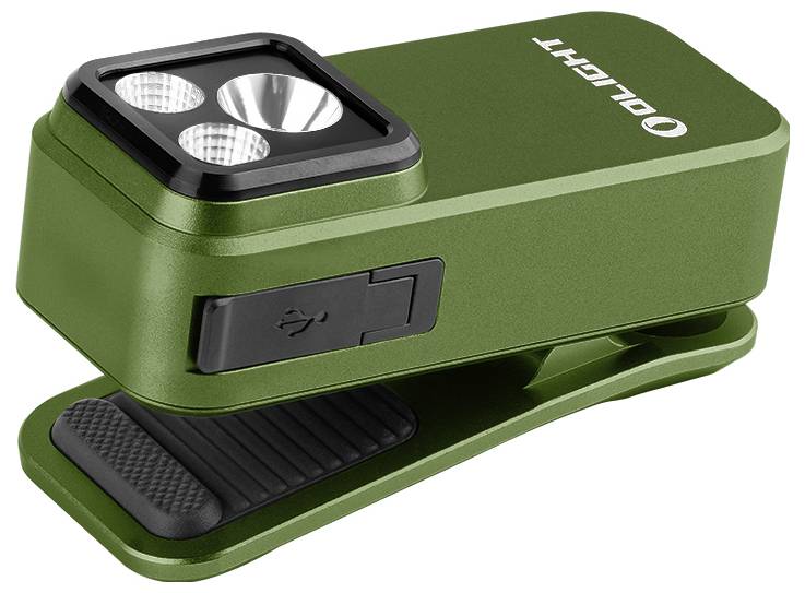 Grüne, tragbare LED-Lampe mit USB-Anschluss und Clip zur Befestigung. Eignet sich für freihändige Beleuchtung in verschiedenen Situationen.