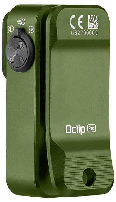 Ein grünes, kompaktes Gerät mit Drehknopf, QR-Code, CE-Kennzeichnung und der Aufschrift 'Oclip Pro'.