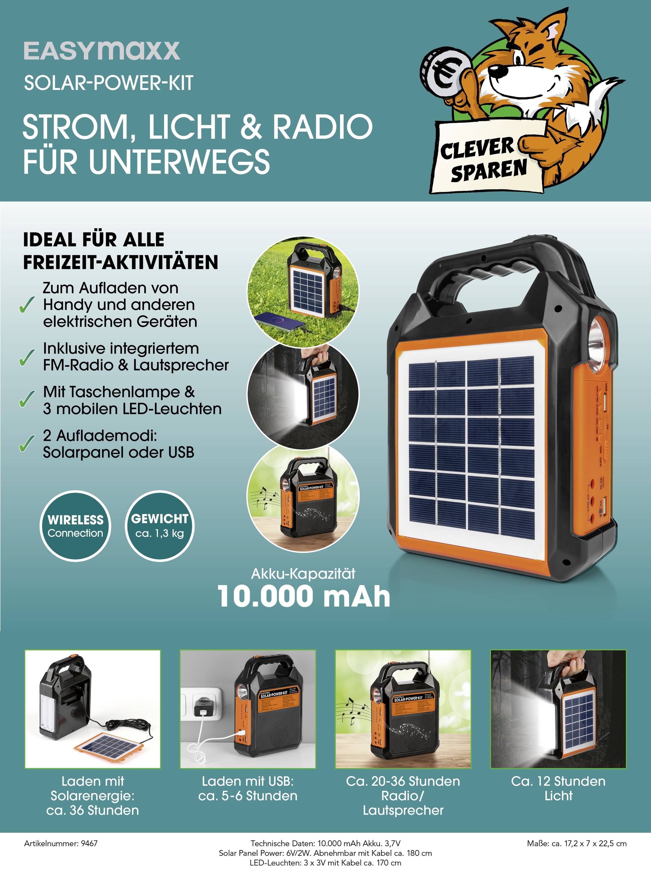 EASYmaxx Solar-Power-Kit: Strom, Licht & Radio für unterwegs. Ideal für Freizeitaktivitäten, 10.000 mAh Akku, enthält Radio, Taschenlampe, Lautsprecher.