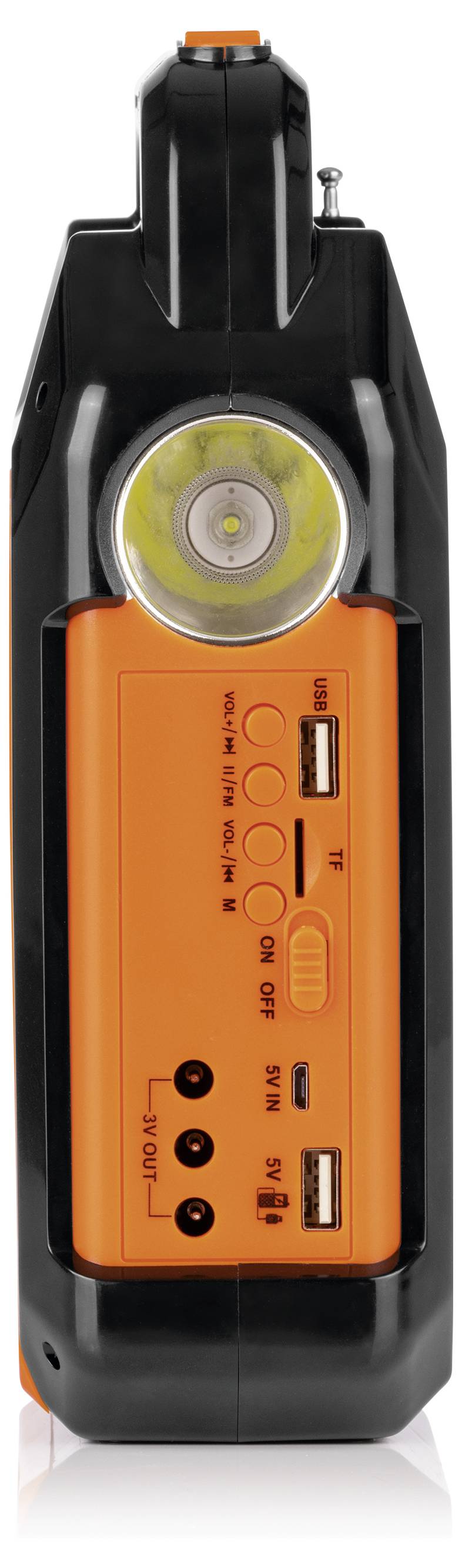 Ein orangen-schwarzes tragbares Gerät mit Solarpanel, Kurbel, USB-Anschlüssen und Taschenlampenfunktion für Notfallsituationen.