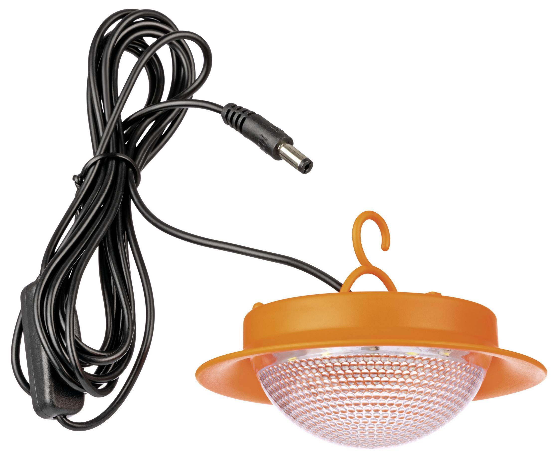 Ein orangefarbenes LED-Licht mit Haken zum Aufhängen und schwarzem Kabel mit Stecker, geeignet für Innen- oder Außenbeleuchtung.