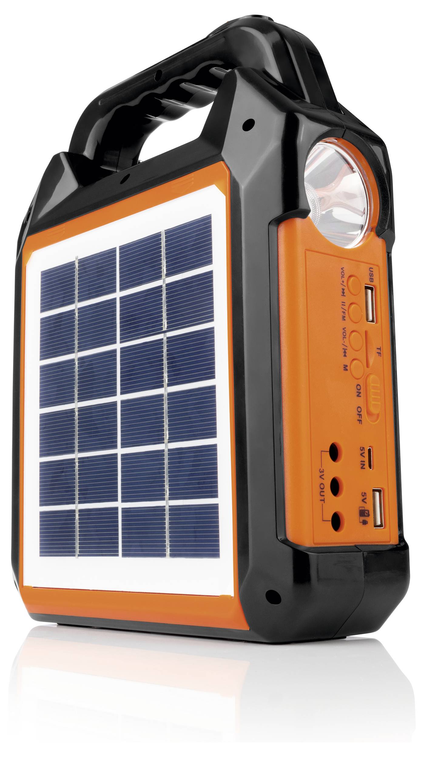 Ein tragbares Solarpanel mit integriertem Griff, LED-Lampe und mehreren Anschlüssen zum Aufladen elektronischer Geräte.
