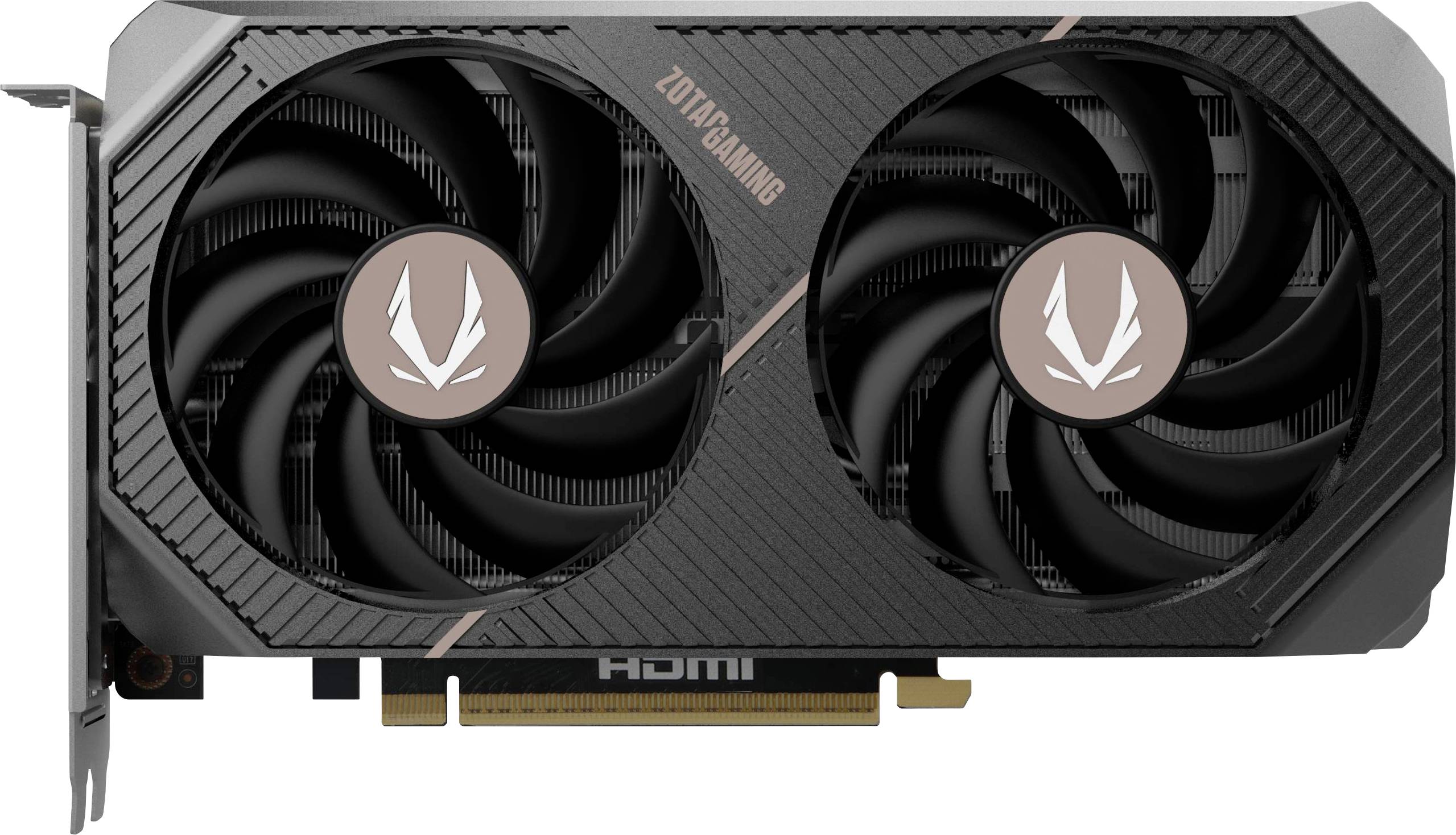 Eine schwarze Grafikkarte mit zwei Lüftern und dem Schriftzug 'Zotac Gaming'.