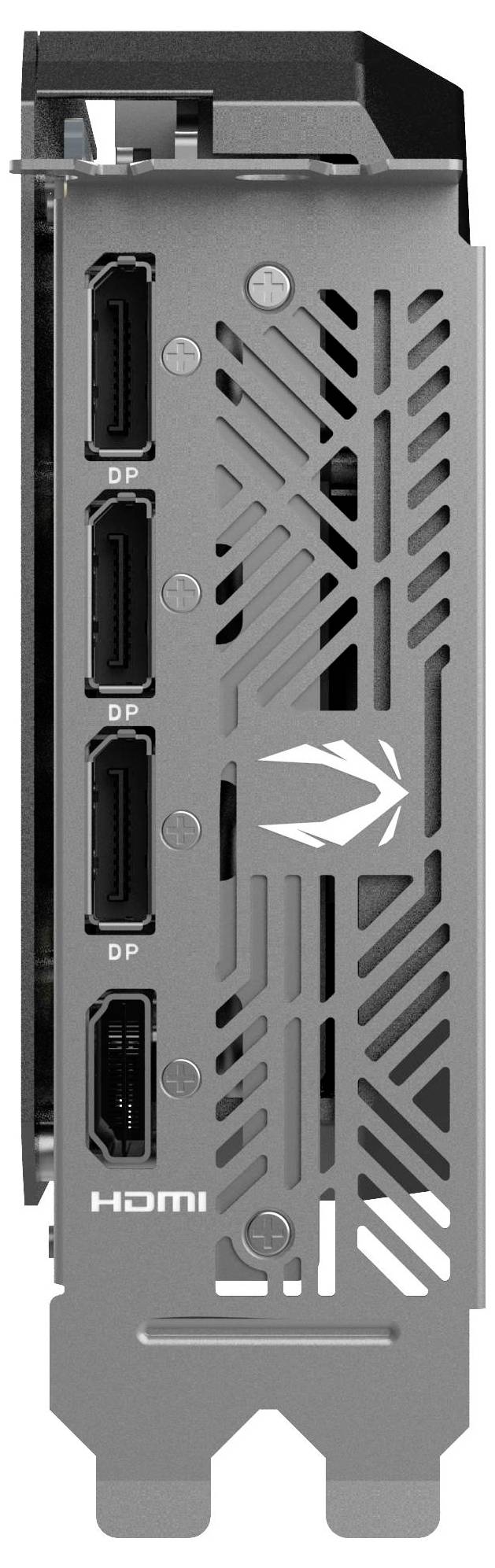 Computer-Grafikkarte mit vier Anschlüssen: drei DisplayPort und ein HDMI. Rückseite zeigt Lüftungsschlitze und Herstellerlogo.