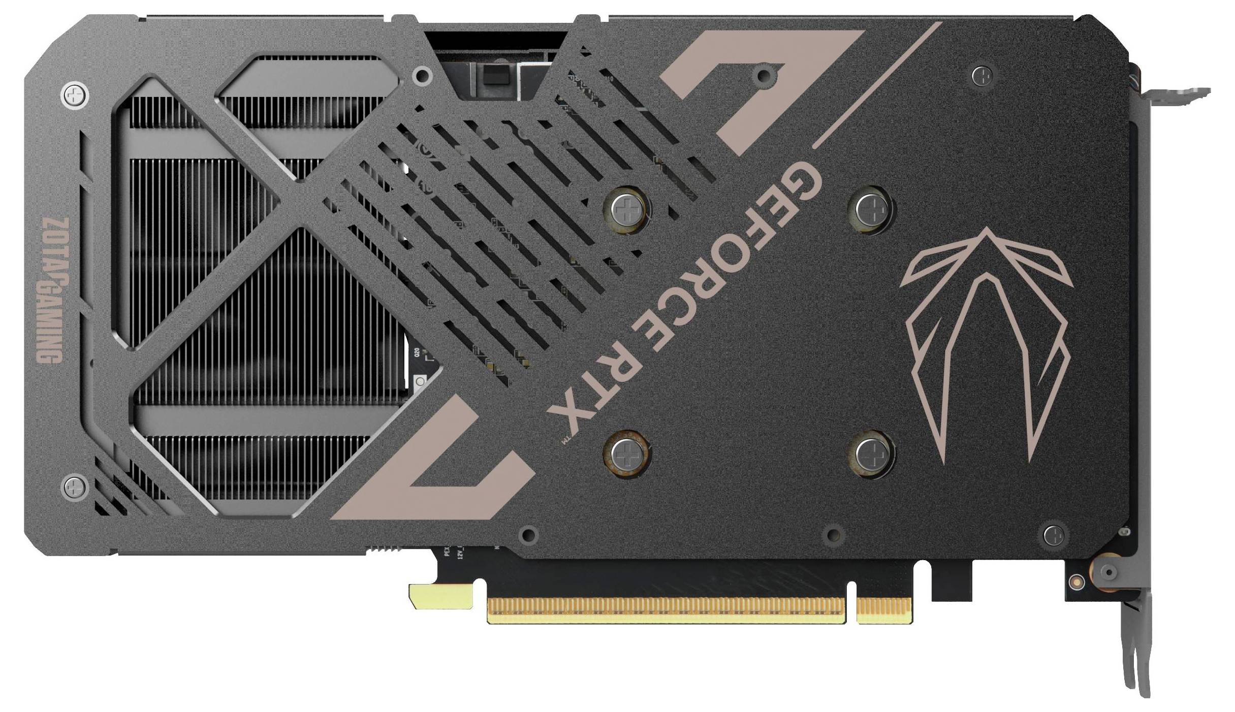 Grafikkarte von oben mit der Aufschrift 'GEFORCE RTX' und einem stilisierten Logo. Kühlrippen und Anschlüsse sind sichtbar.