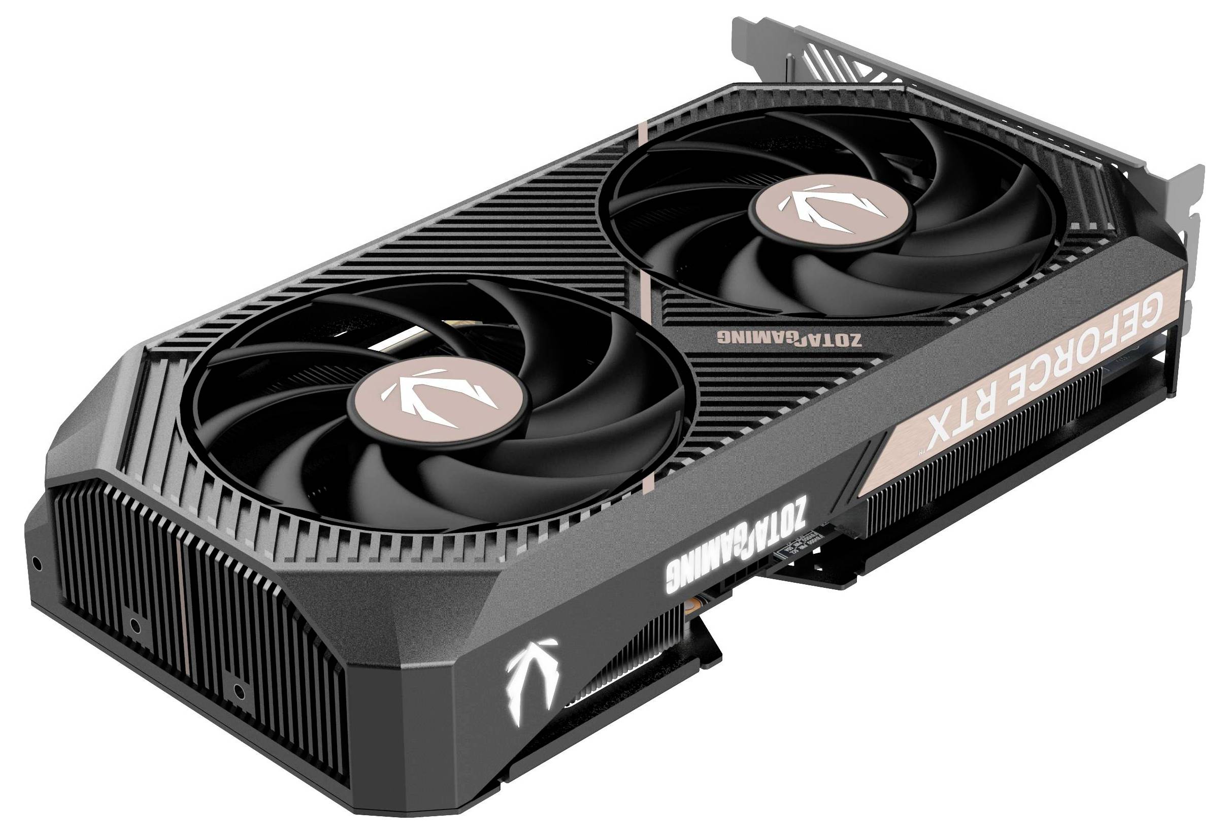 Eine schwarze Grafikkarte mit zwei großen Lüftern und der Aufschrift 'GEFORCE RTX' an der Seite.