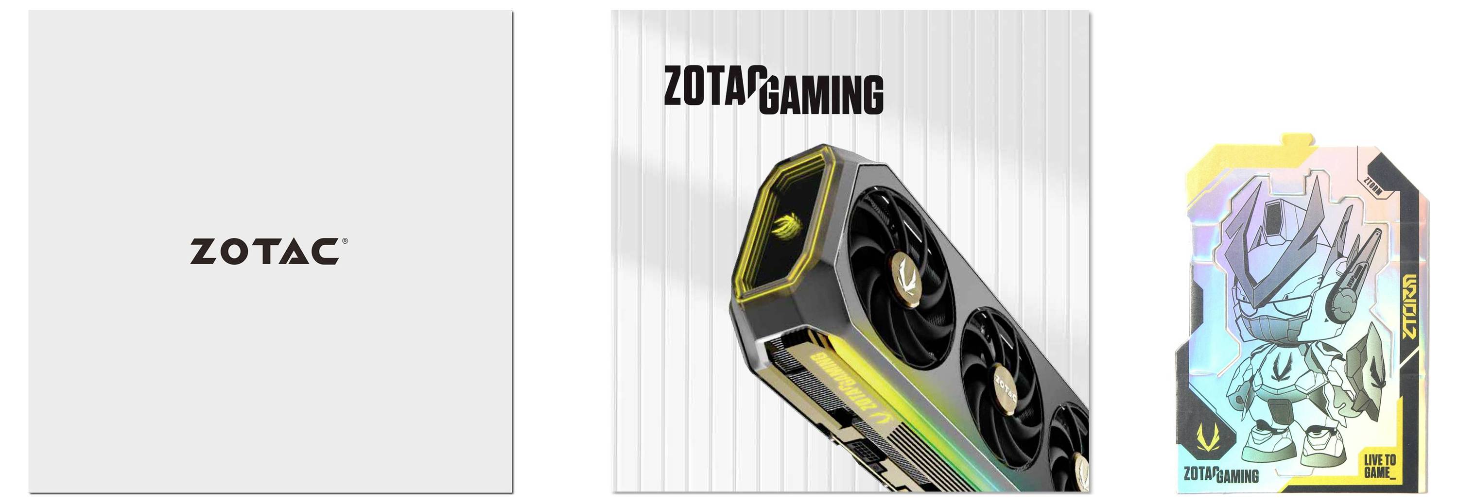 Drei Verpackungen: links mit ZOTAC-Logo, Mitte mit ZOTAC GAMING-Grafikkarte, rechts eine stilisierte Grafik mit ZOTAC GAMING-Design.
