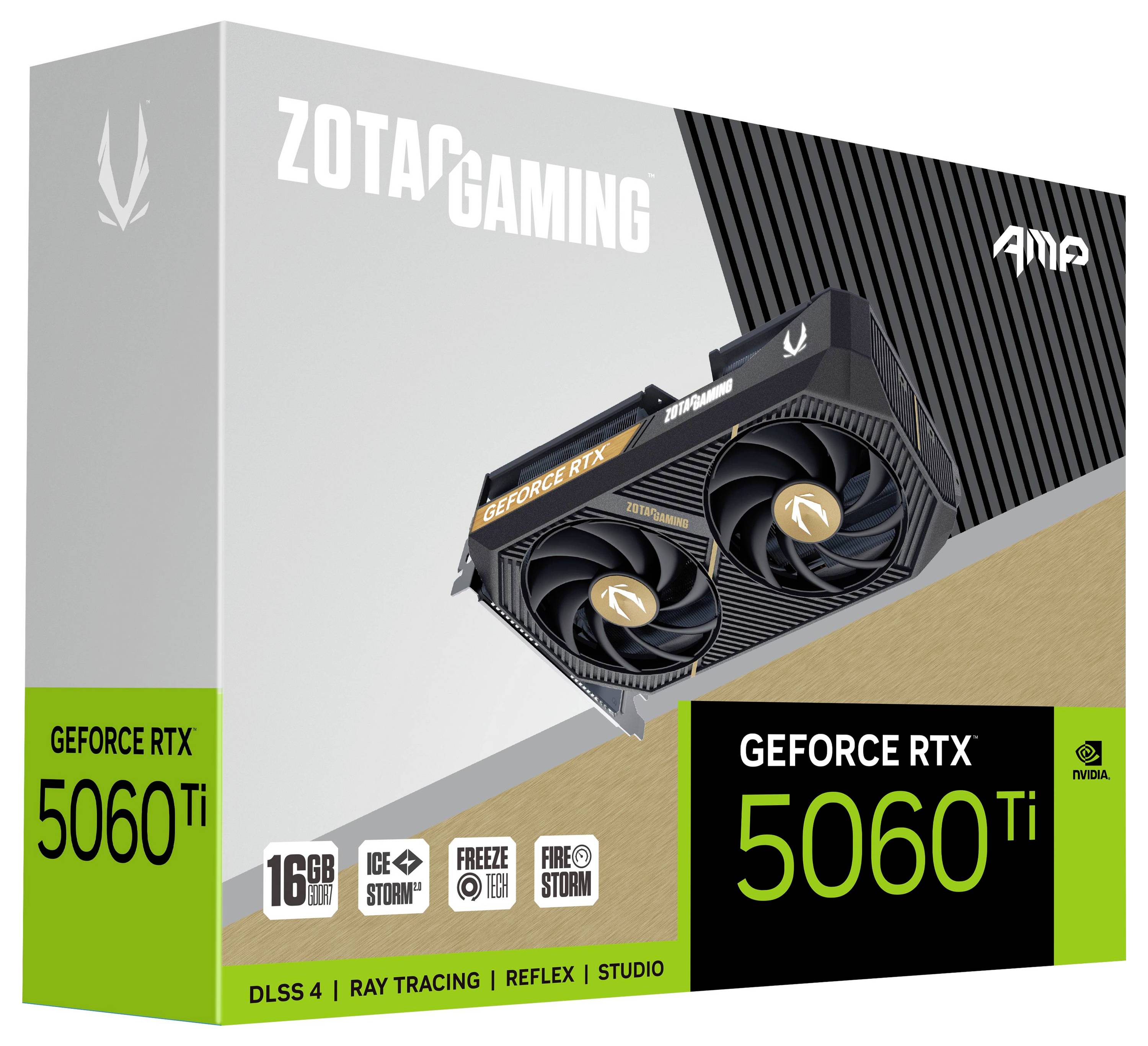 Grafikkarte 'ZOTAC GeForce RTX 5060 Ti' in einer Verpackung. Enthält 16 GB Speicher, DLSS 4, Ray Tracing und NVIDIA Studio Unterstützung.