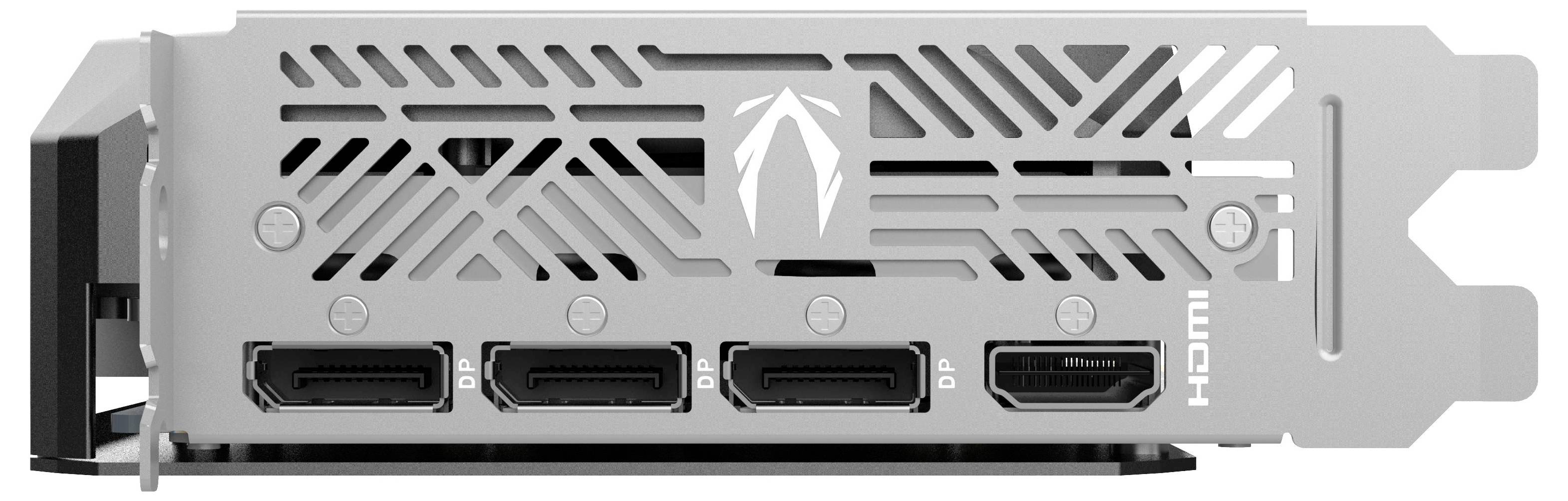 Rückseite einer Grafikkarte mit silbernem Gehäuse, vier Anschlüssen: drei DisplayPorts und ein HDMI-Port.