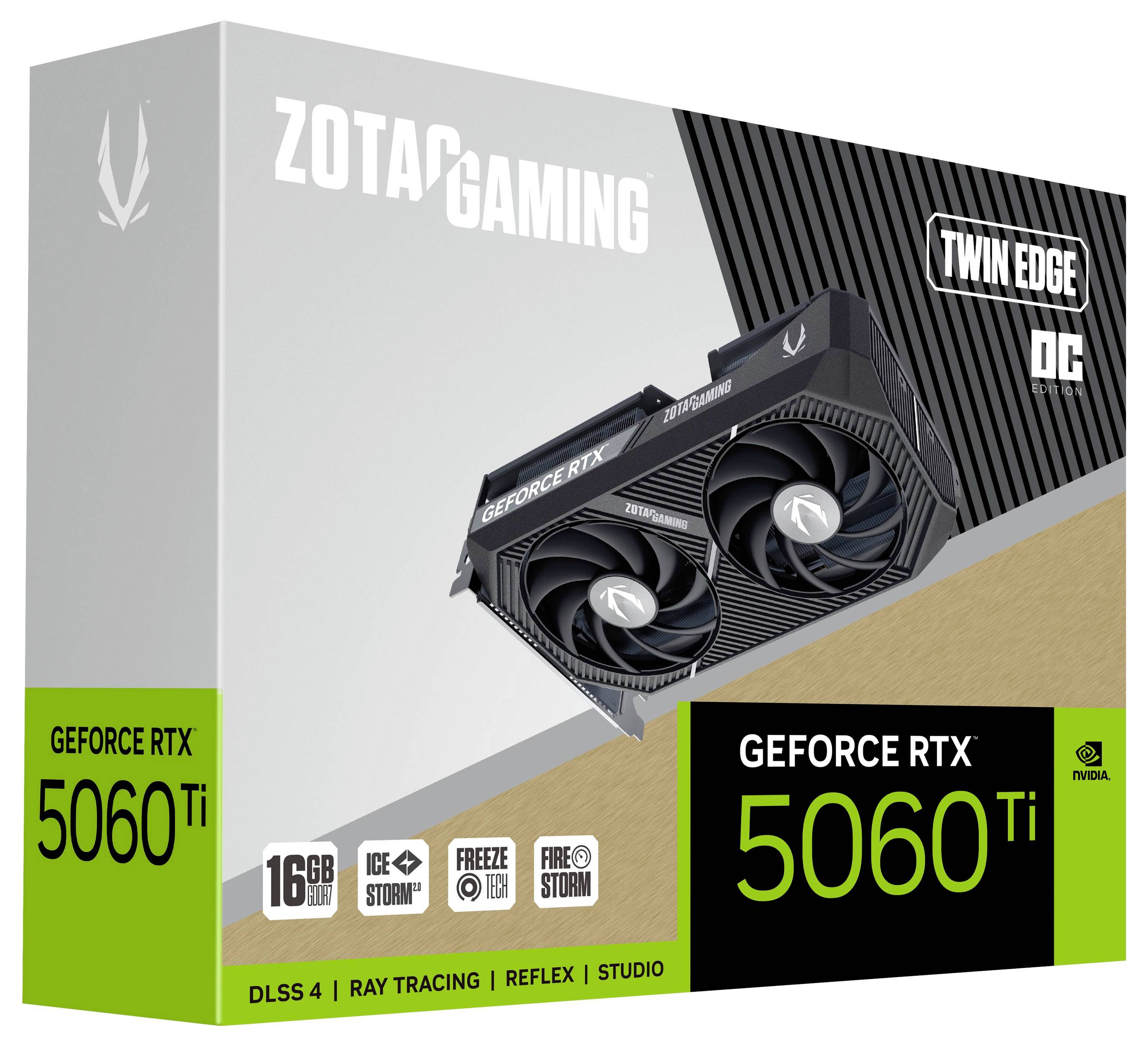 Grafikkartenverpackung von ZOTAC Gaming für GeForce RTX 5060 Ti. Enthält Details zu DLSS 4, Ray Tracing, 16 GB VRAM, Twin Edge OC.