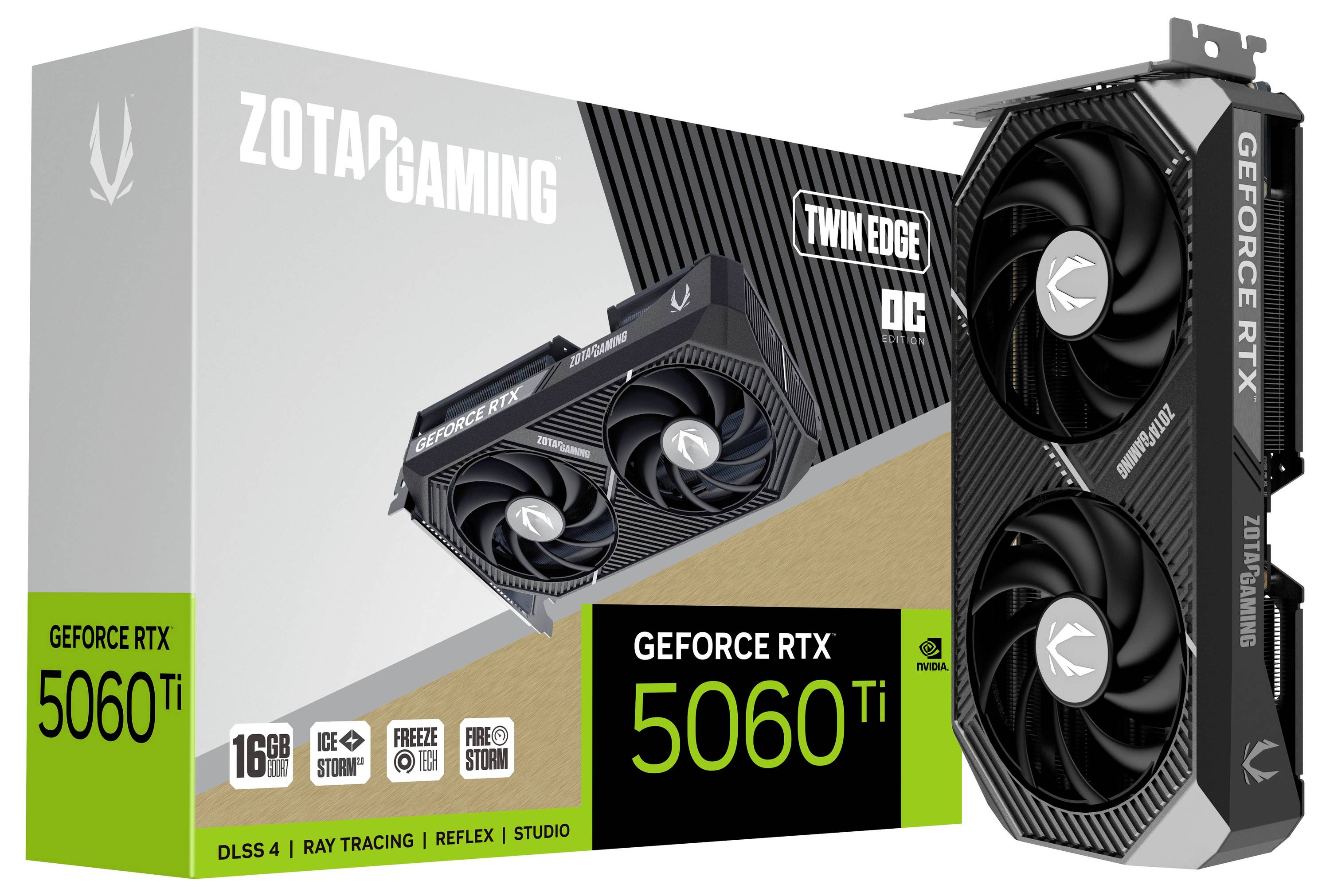 Grafikkarte 'GeForce RTX 5060 Ti' von ZOTAC GAMING mit Verpackung. Merkmale: 16GB, DLSS 4, Ray Tracing, Freeze Storm, Reflex, Studio.