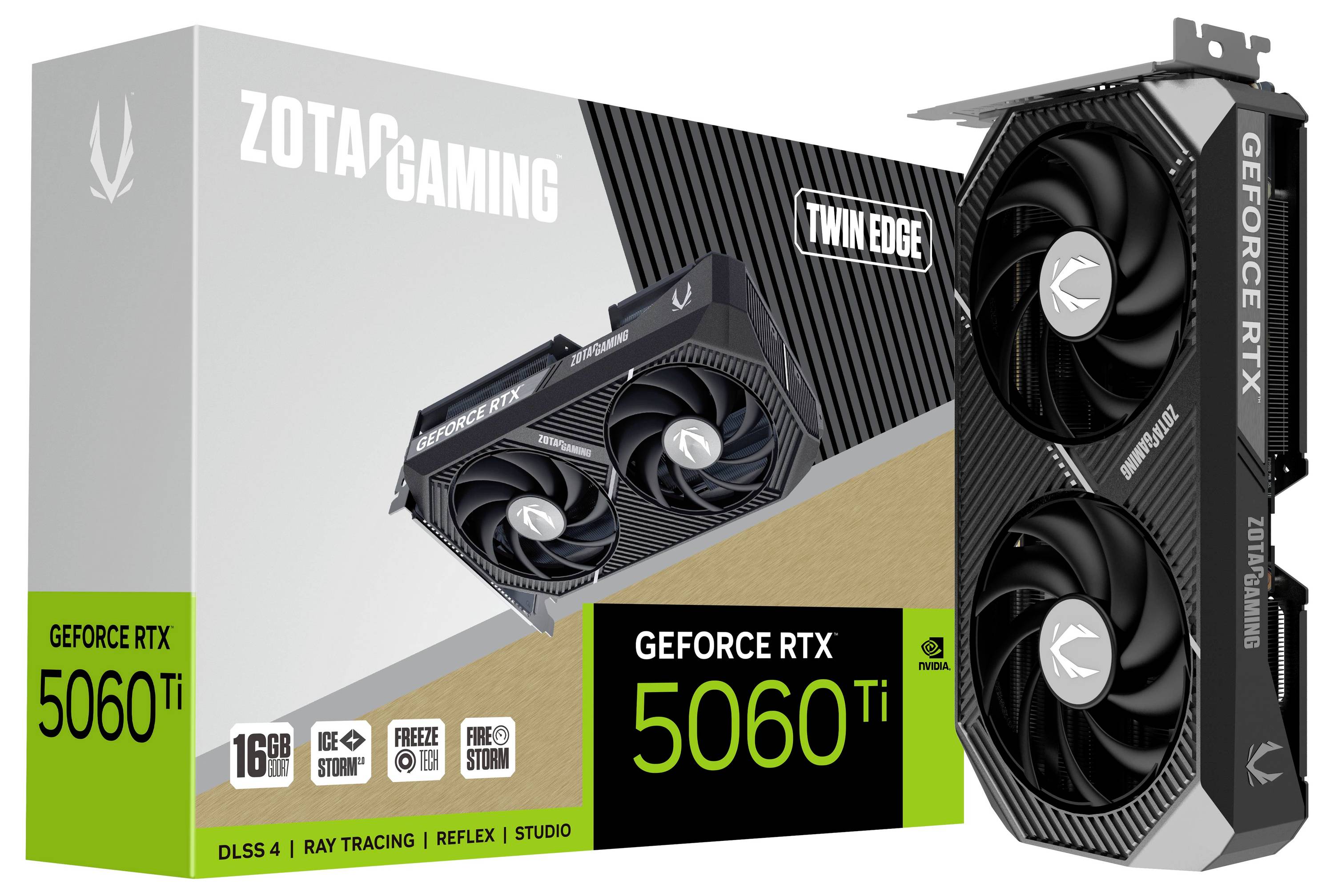 Eine Grafikkarte der Marke ZOTAC Gaming, Modell GeForce RTX 5060 Ti, mit 16 GB und Funktionen wie DLSS 4, Ray Tracing und mehr.