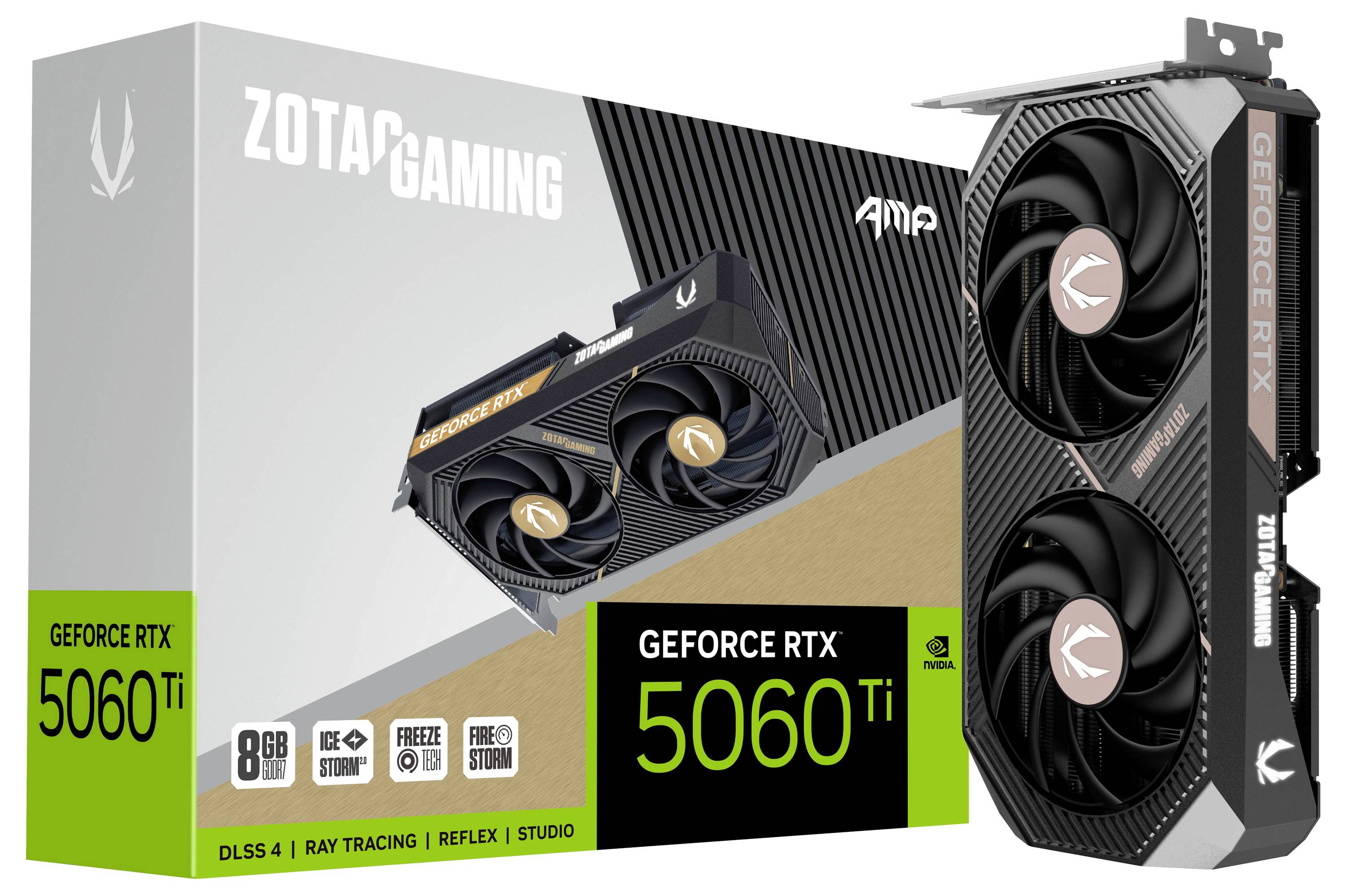 Grafikkarte 'Zotac Gaming GeForce RTX 5060 Ti' neben Verpackung. Merkmale: 8 GB Speicher, DLSS 4, Ray Tracing, Freeze und Storm Funktionen.