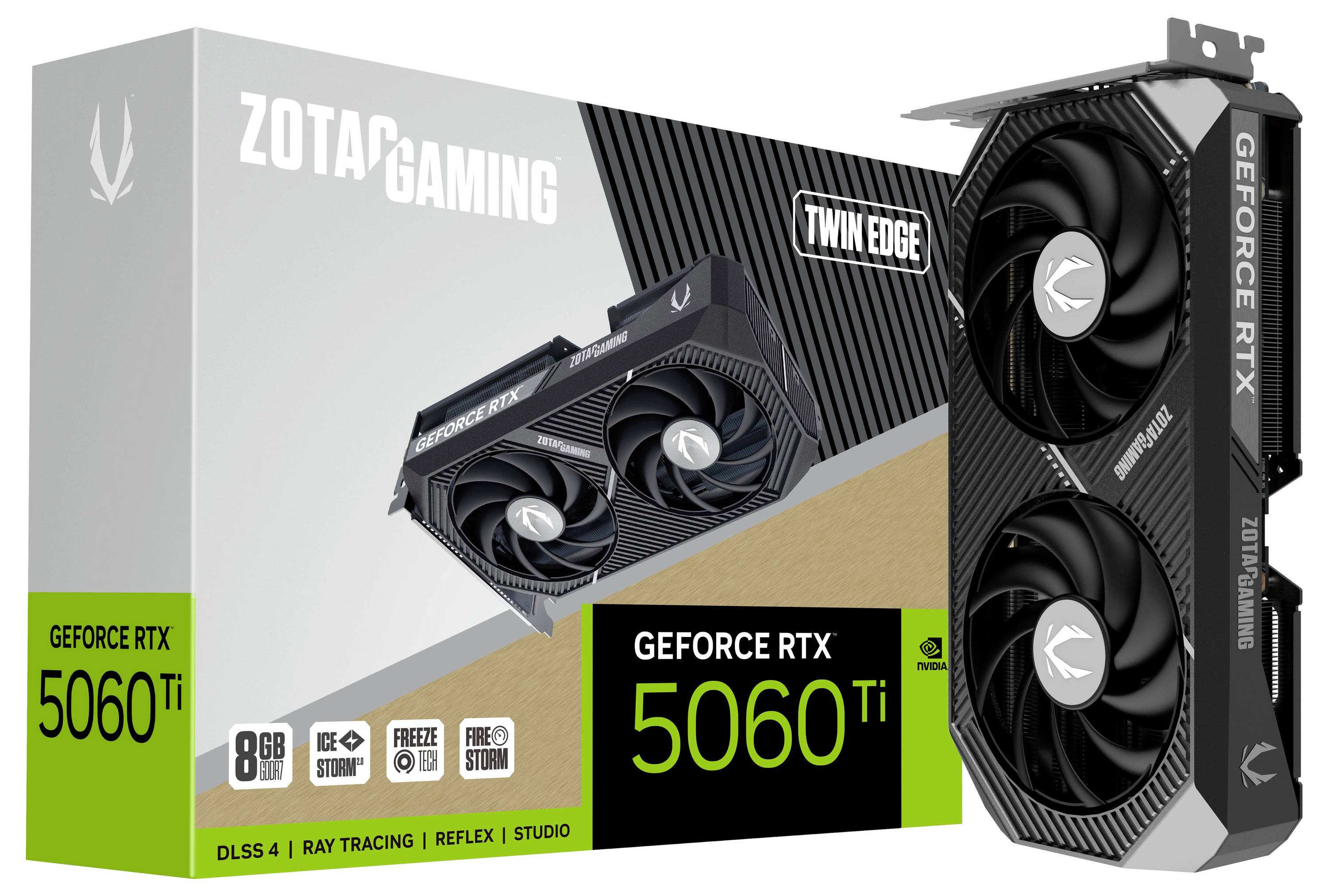 Eine Verpackung und Grafikkarte der Marke 'ZOTAC' mit der Bezeichnung 'GeForce RTX 5060 Ti', 8GB, prominent zusehen.