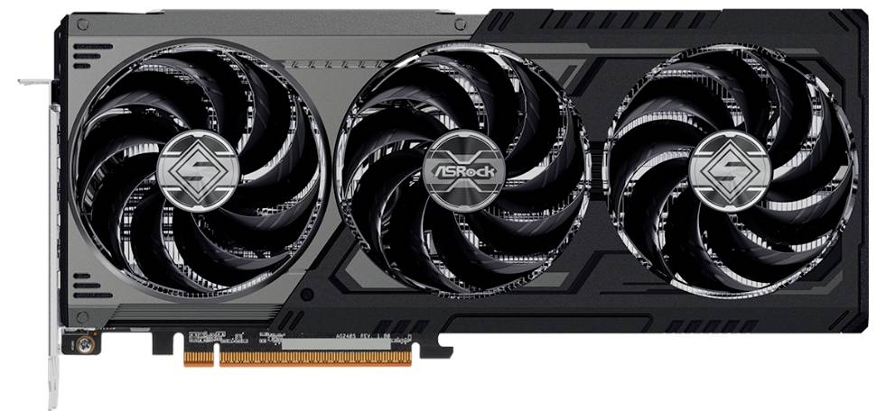 Eine High-Performance-Grafikkarte mit drei großen Kühlventilatoren und dem ASRock-Logo, entwickelt für anspruchsvolles Gaming und rechenintensive Computeraufgaben.