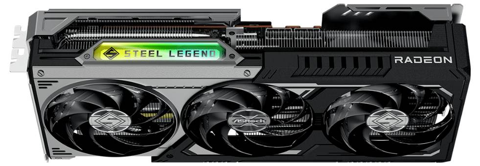 ASRock Steel Legend Radeon-Grafikkarte mit drei Kühlventilatoren und RGB-Beleuchtung, entwickelt für High-Performance-Gaming und Grafikanwendungen.