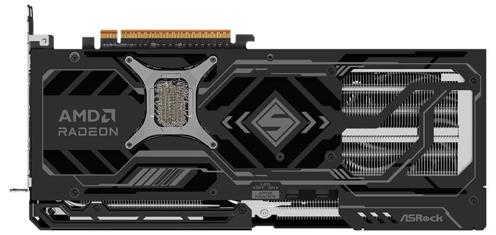 Eine schwarze ASRock AMD Radeon Grafikkarte mit silbernen Akzenten, sichtbaren Kühlrippen und Anschlüssen auf der Oberseite.