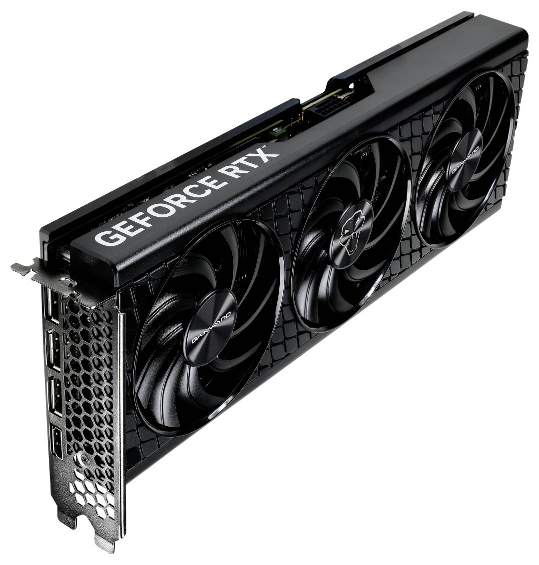 Grafikkarte GeForce RTX mit drei Lüftern, schwarzem Gehäuse und mehreren Anschlussmöglichkeiten, seitliche Ansicht.