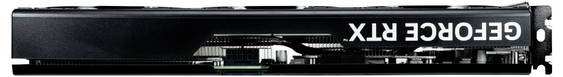 Eine Grafikkarte mit der Aufschrift 'GEFORCE RTX' seitlich. Sie zeigt die internen Komponenten und Lüfterstruktur.