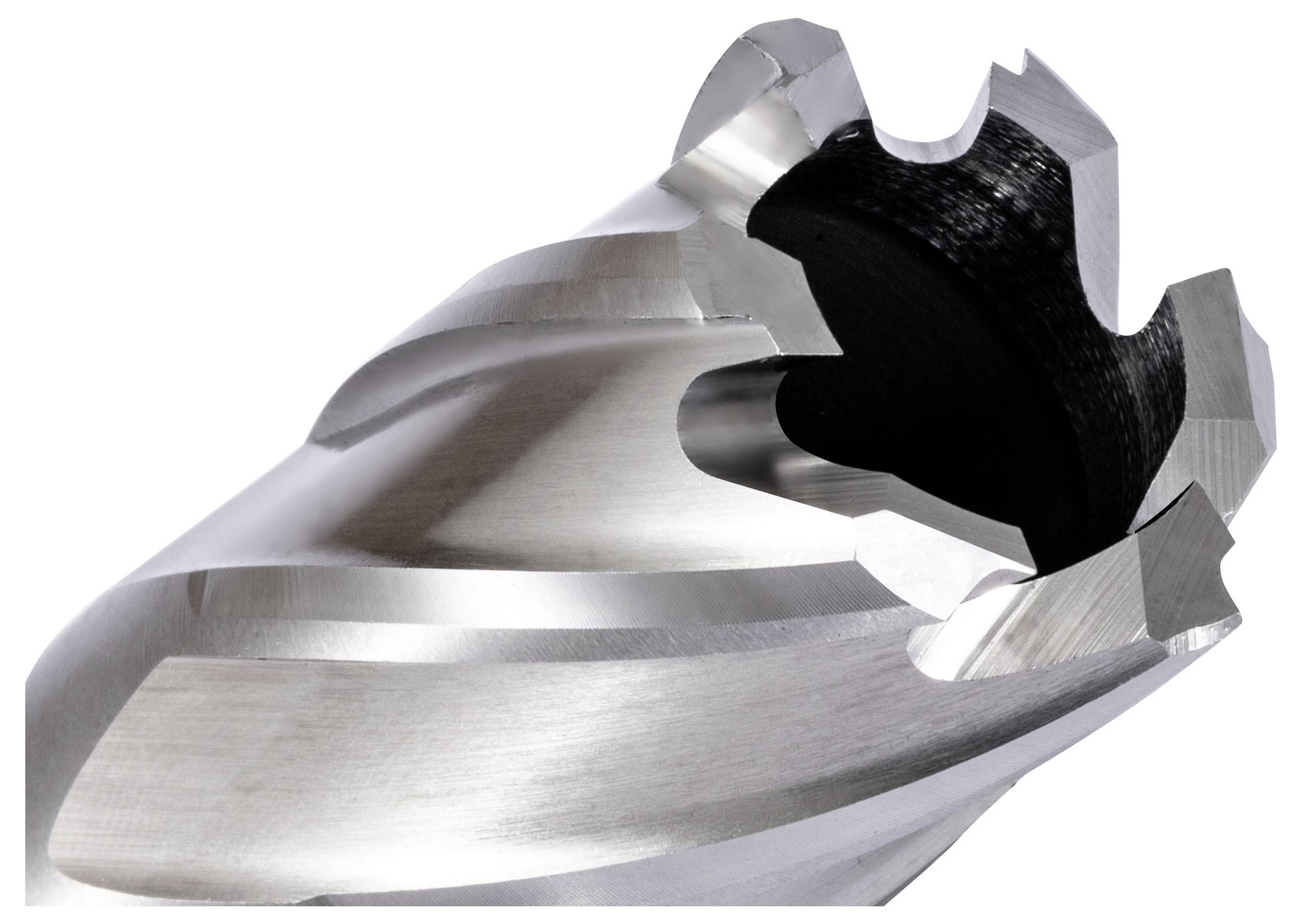 Eine Nahaufnahme eines metallischen Bohrers mit mehreren Schneidkanten, die seine Schärfe und spiralförmige Gestaltung zur Schau stellt.