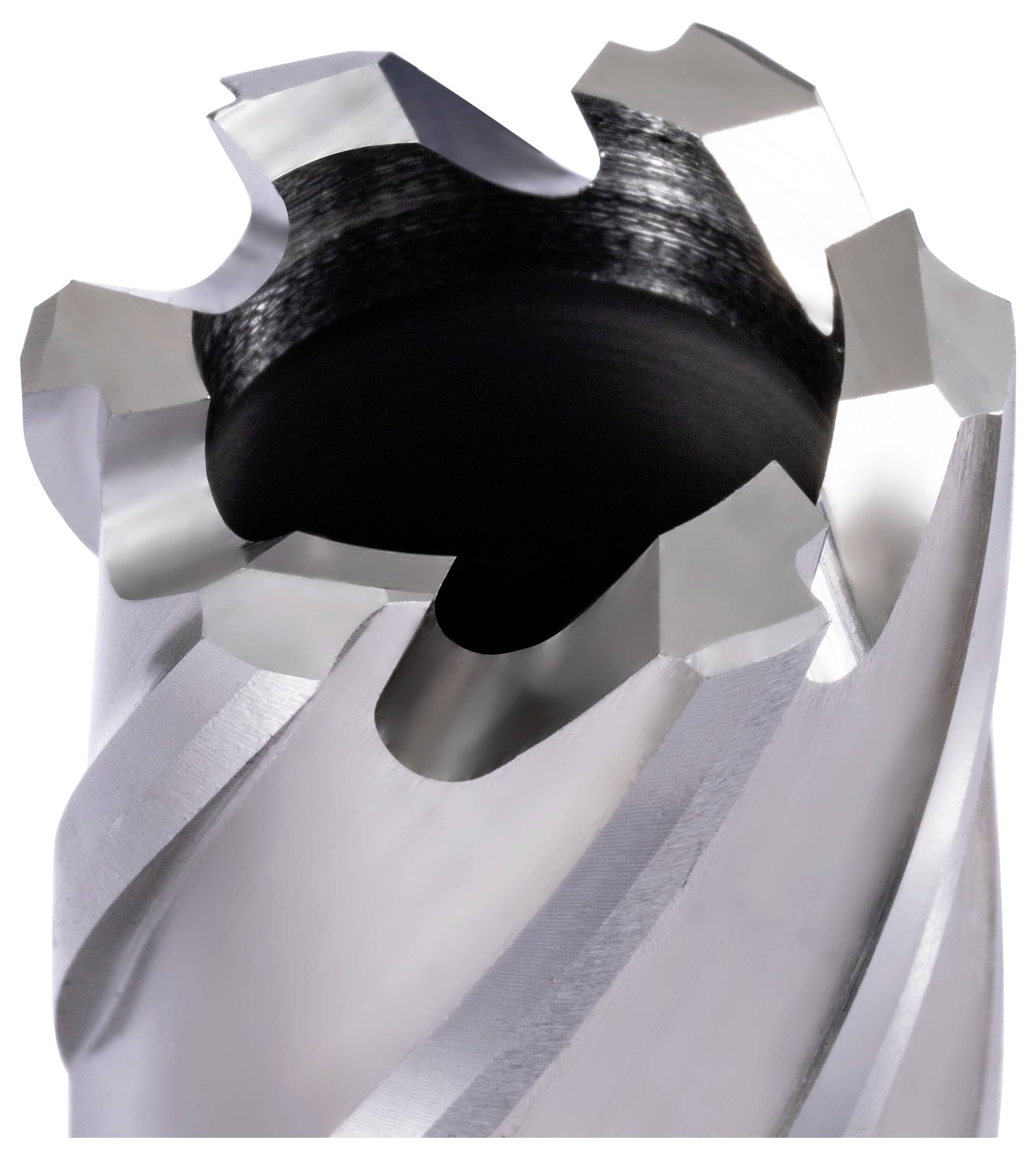 Eine Nahaufnahme eines Metallschneidewerkzeugs, das sein scharfes, spiralförmiges Kantendesign zeigt und zum Präzisionsbohren oder Fräsen in der Bearbeitung verwendet wird.