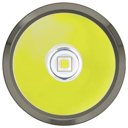 Kreisförmiges LED-Licht mit gelbem Lichtfeld und zentralem Leuchtelement in der Mitte, umgeben von einem grauen Rahmen.