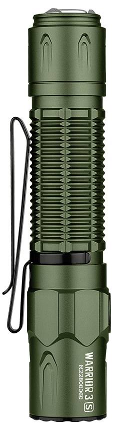 Grüne Taschenlampe mit Clip, robustes Design für Outdoor-Aktivitäten. Markierung: 'Warrior 3S'. Geeignet für taktischen Einsatz.
