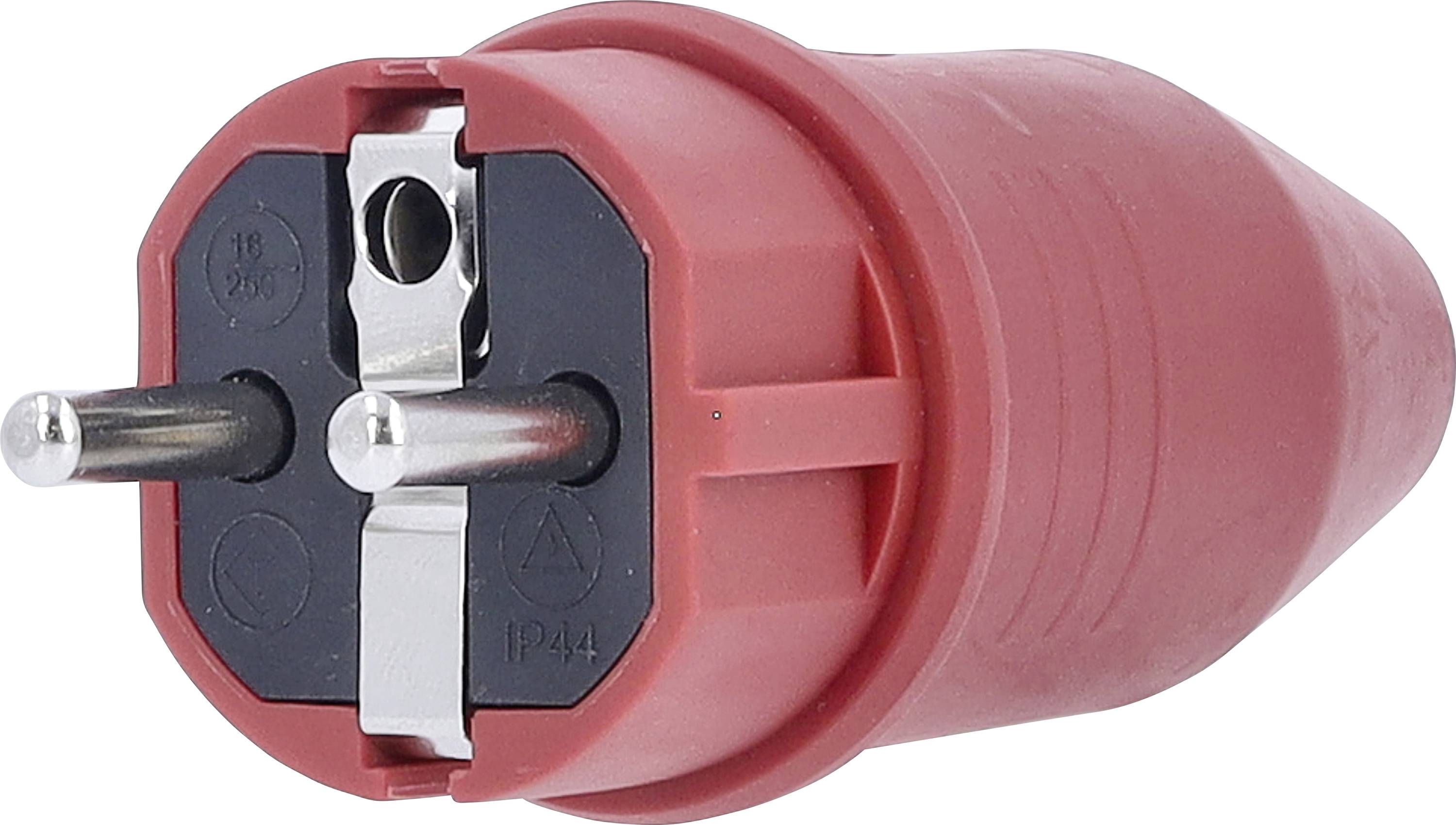 Roter CEE-Stecker mit zwei Metallstiften, verwendet für Starkstromverbindungen in Industrie und Bauwesen.