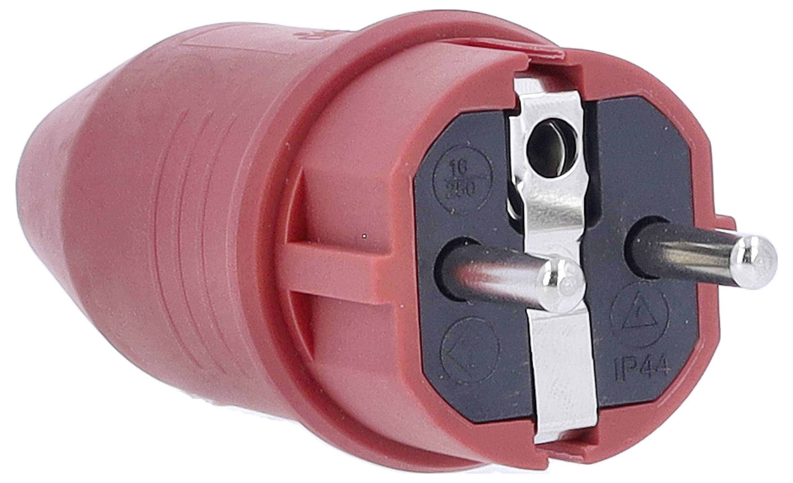 Europäischer Stecker mit zwei Metallstiften und rotem Kunststoffgehäuse. Vorsatzstück ist schwarz mit silbernen Kontakten.