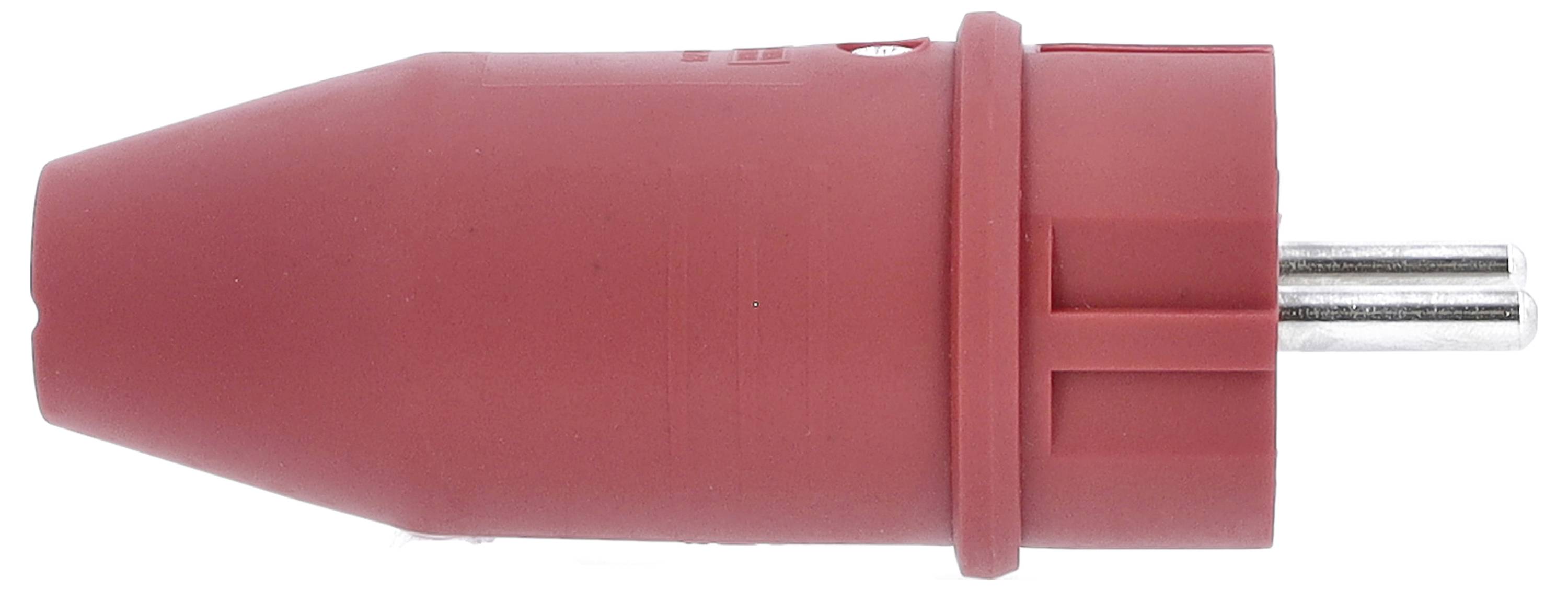 Ein roter Gummi-Schuko-Stecker in Seitenansicht, zeigt die Steckkontakte und das Gehäuse.