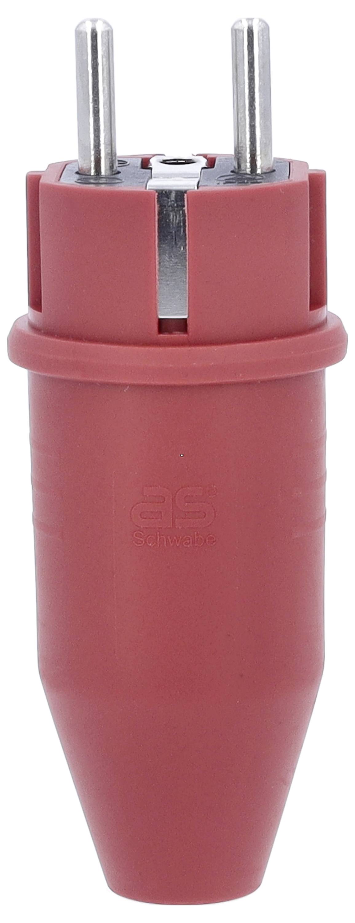 Roter europäischer Schuko-Stecker mit zwei Metallstiften, geeignet für den Anschluss in europäischen Steckdosen.