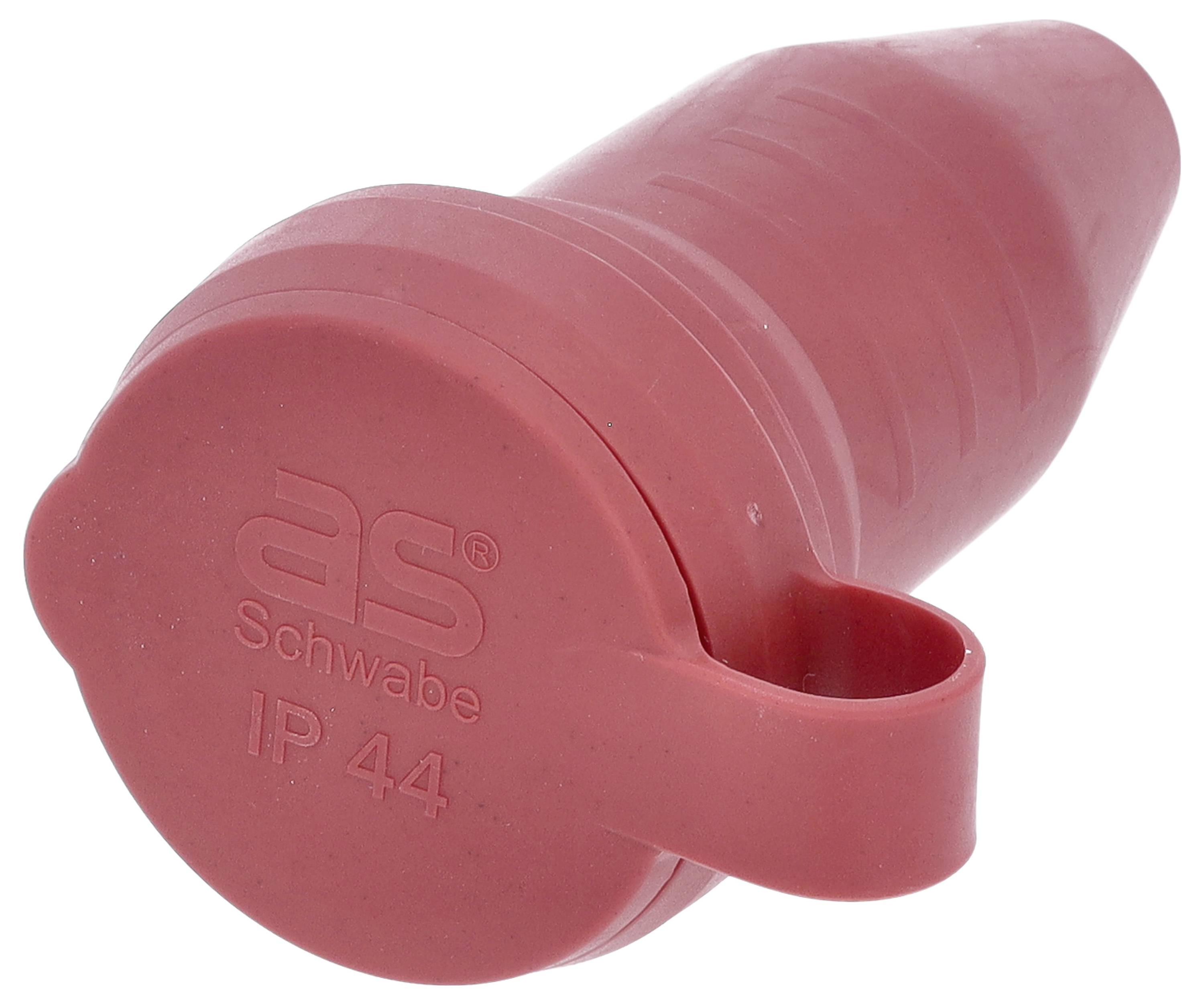 Roter Schutzkappe mit der Prägung 'as Schwabe IP 44', vermutlich für einen Stecker.