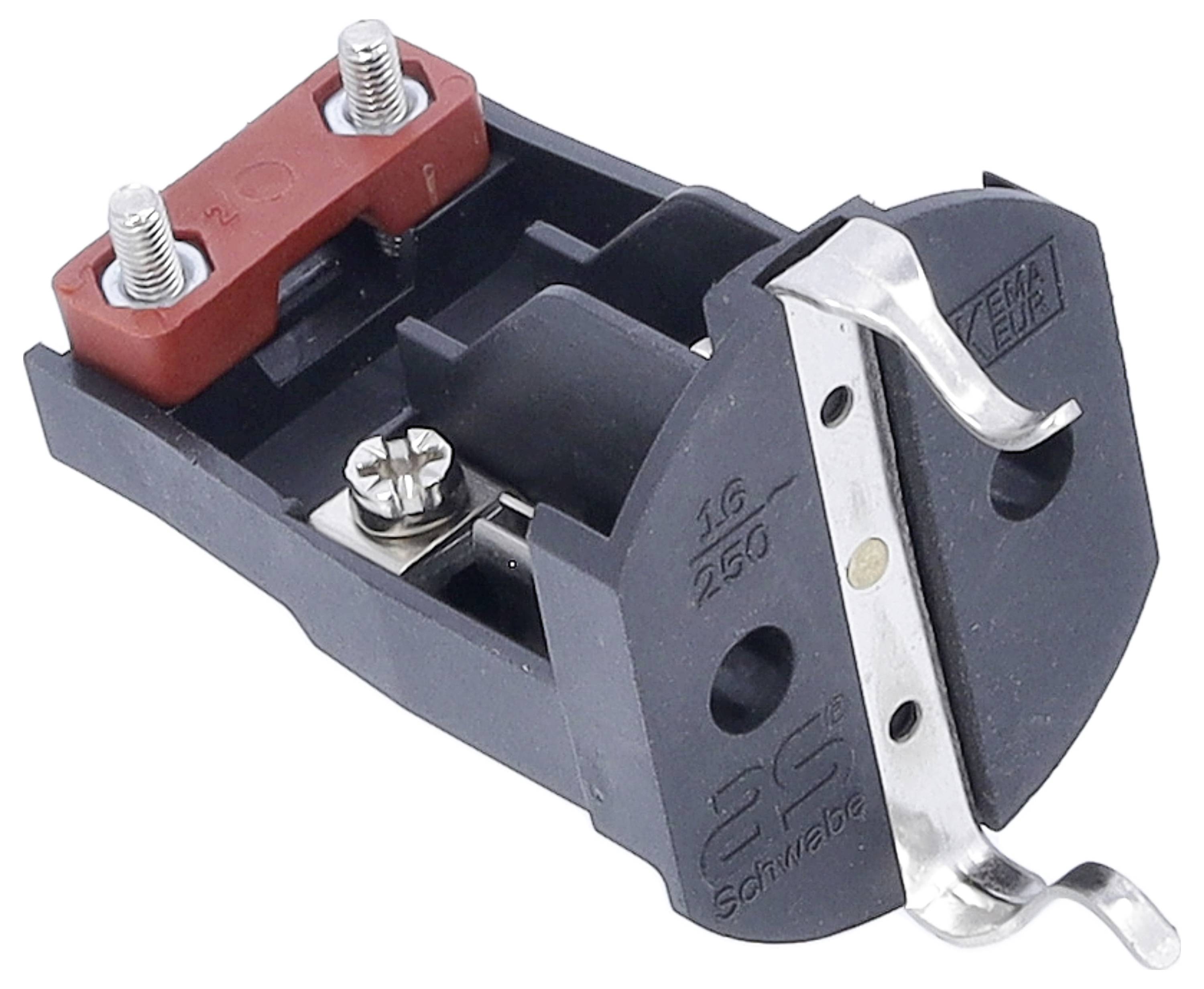 Ein schwarzer Adapter, 16A 250V, mit Metallhaken und zwei Schrauben. Geeignet zur Montage auf einer Oberfläche.