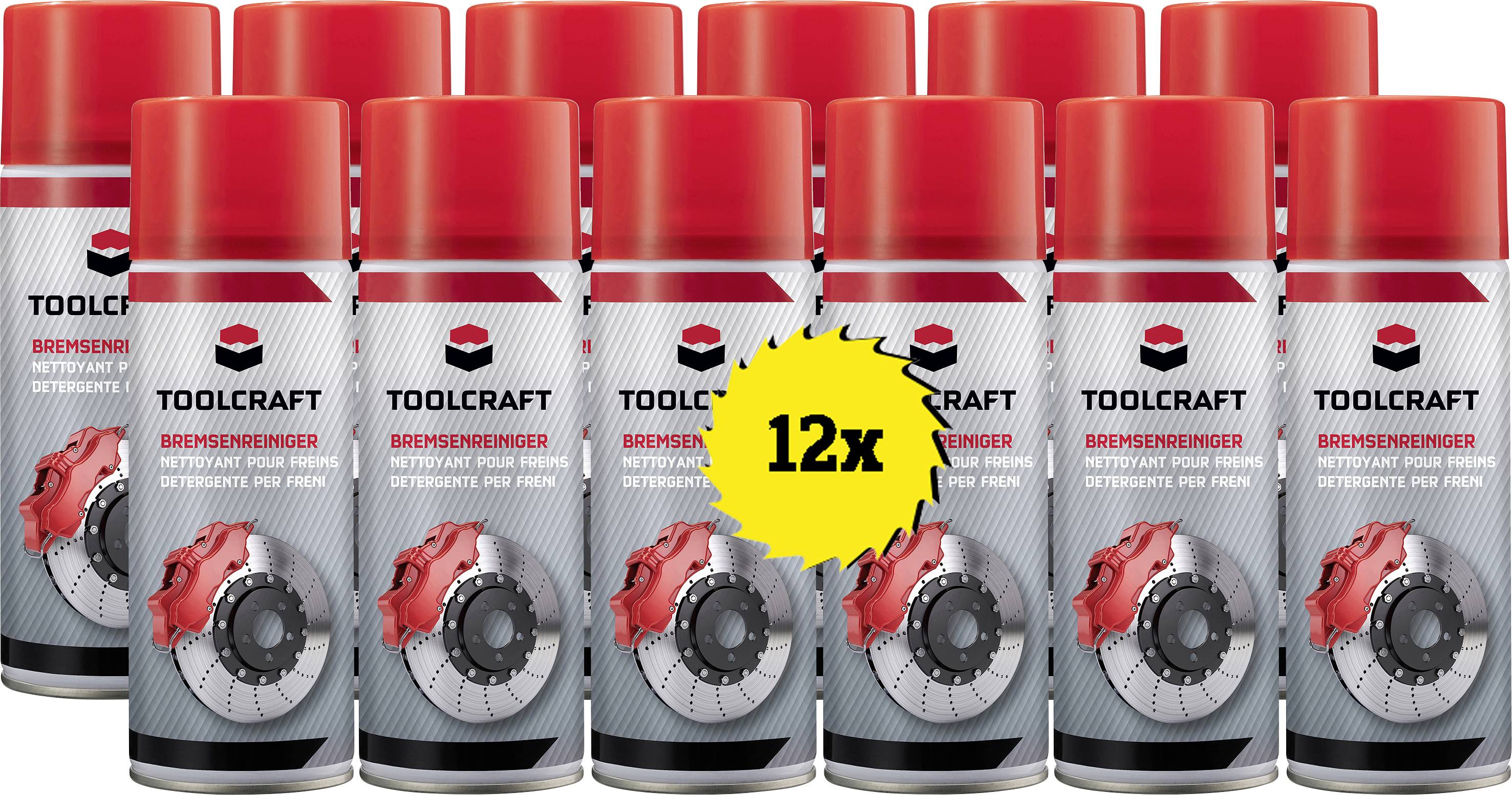 Zwölf Sprühdosen TOOLCRAFT Bremsenreiniger, roter Deckel, Etikett mit Bremsscheibengrafik. Gelber Kreis mit '12x' in der Mitte.