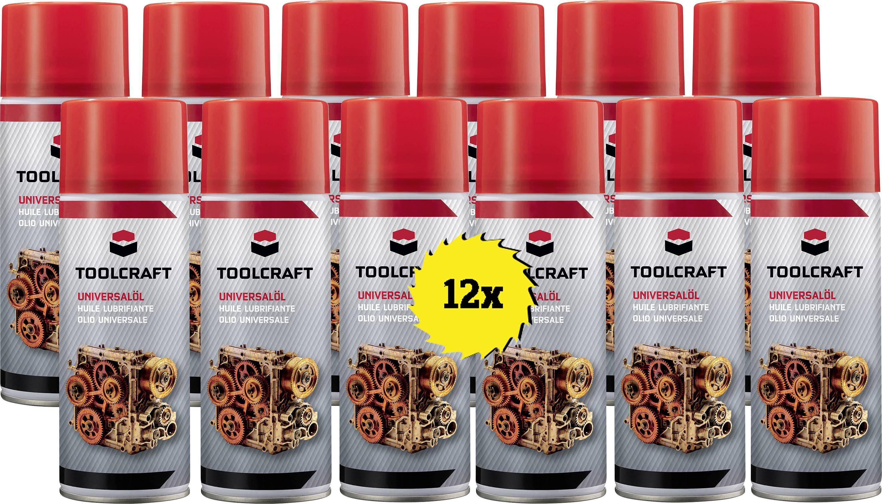 Zwölf rot-weiße Sprühdosen 'Toolcraft Universal-Öl'. Vorderseite zeigt ein Maschinenteil, gelber Kreis mit '12x' in schwarzer Schrift.