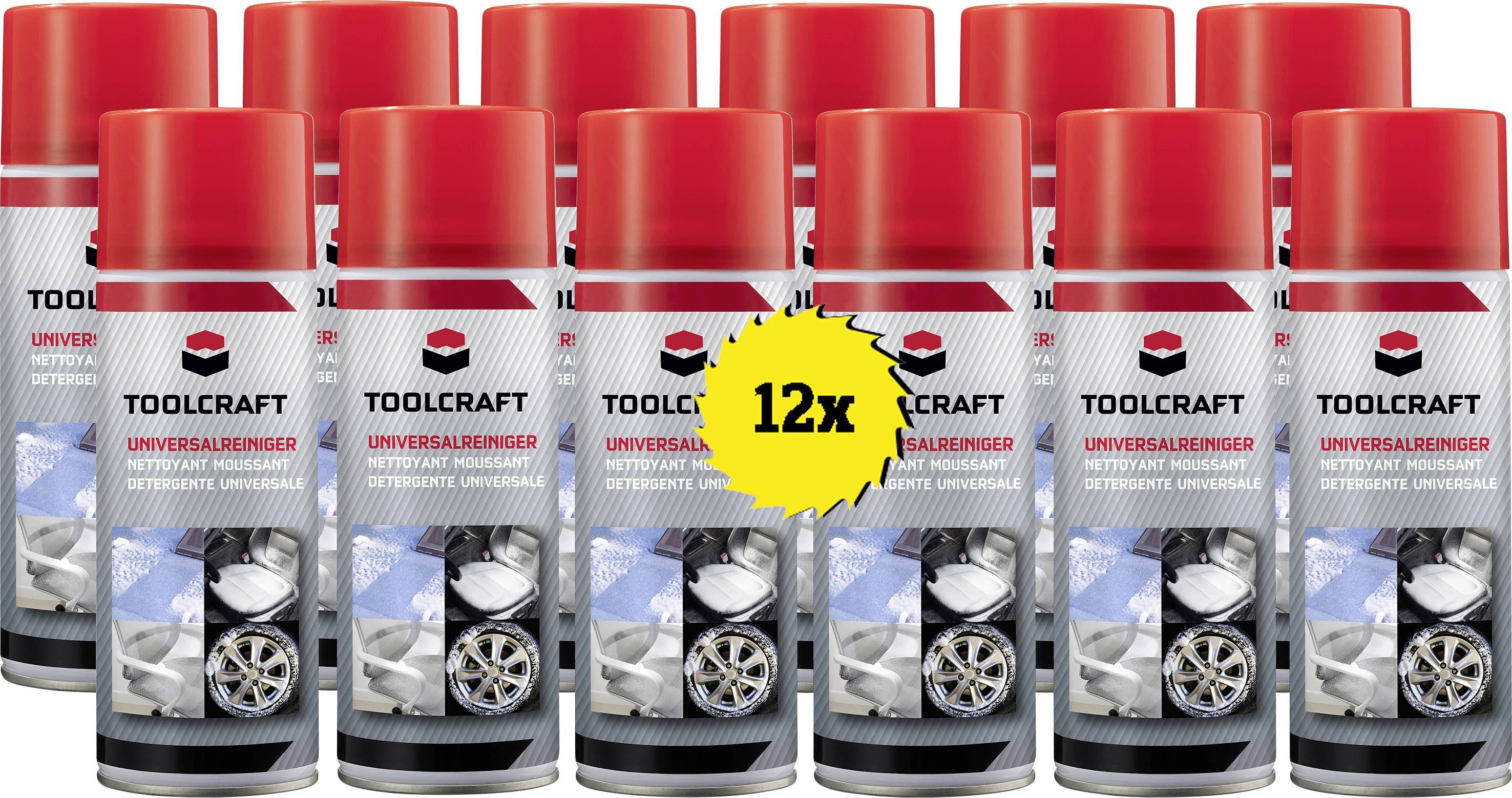 Zwölf Sprühdosen 'TOOLCRAFT Universalreiniger', mit rotem Deckel, aufgereiht. Vorderseite zeigt ein Auto und Text zur Anwendung.