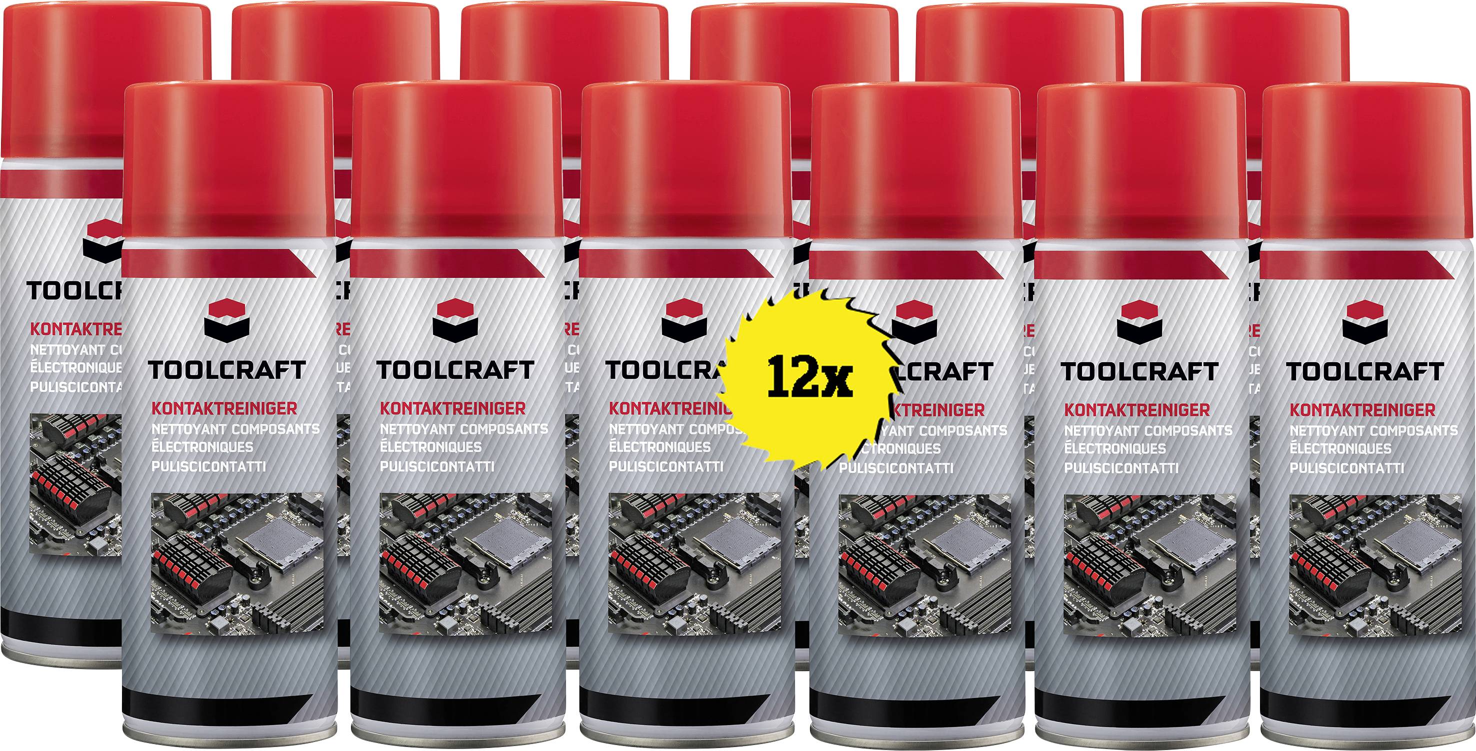 Zwölf Spraydosen 'Toolcraft Kontaktreiniger Batterie Kontakt Spray', angeordnet in drei Reihen, mit rotem Deckel und Etikett.