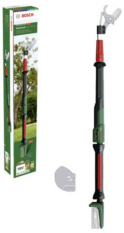 Bosch Akku-Teleskop-Heckenschere mit grünem und rotem Griff, in Verpackung neben Produkt abgebildet, für Gartenarbeit.