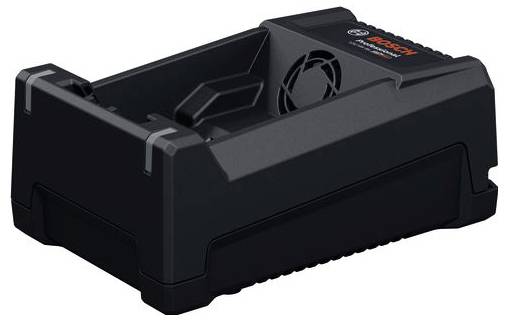 Schwarzes Bosch-Akkuladegerät mit Lüfter und mehreren Kabelanschlüssen, dient zum Aufladen von Akkus für Elektrowerkzeuge.