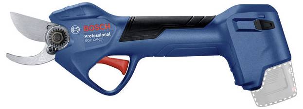 Eine blaue Bosch Professional Akku-Gartenschere mit schwarzem Griff und rotem Knopf, geeignet für präzises Schneiden von Zweigen.