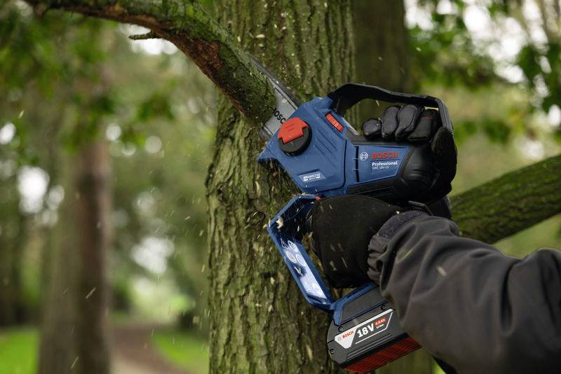 Eine Person schneidet mit einer blauen Akkusäge von Bosch einen Ast von einem Baum ab. Im Hintergrund sind Bäume und ein Weg sichtbar.