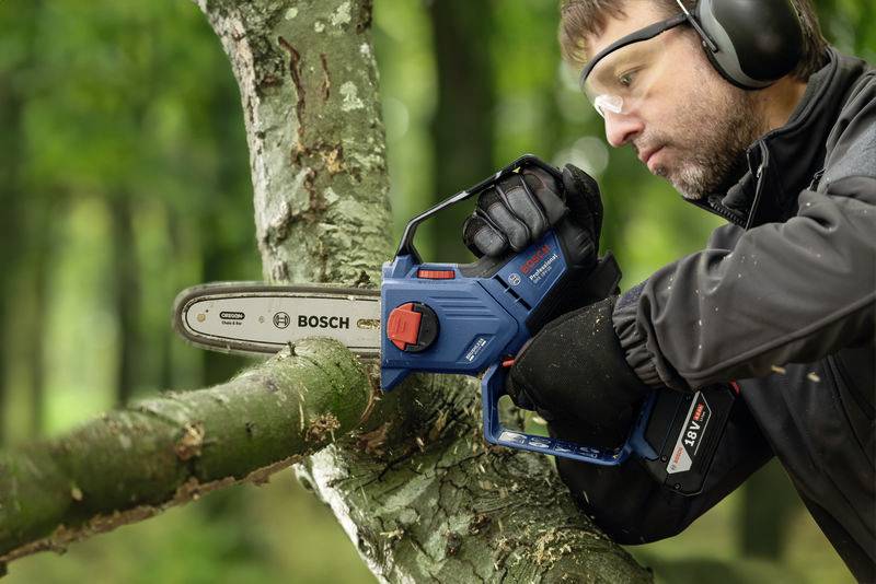 Eine Person mit Schutzbrille und Gehörschutz benutzt eine blaue Kettensäge, um einen Ast in einem Wald zu schneiden.