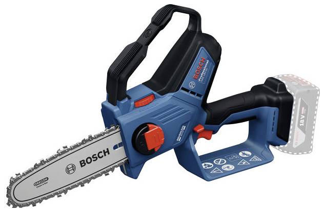 Kabellose Bosch Kettensäge, blau mit rotem Schalter, geeignet für Gartenarbeit. Akku-Bereich markiert rechts, Kettensäge-Details sichtbar.
