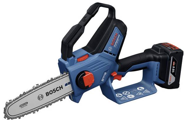 Eine Bosch Akku-Kettensäge mit ergonomischem Griff und Akku. Sie ist kompakt und für leichte Gartenarbeiten konzipiert.