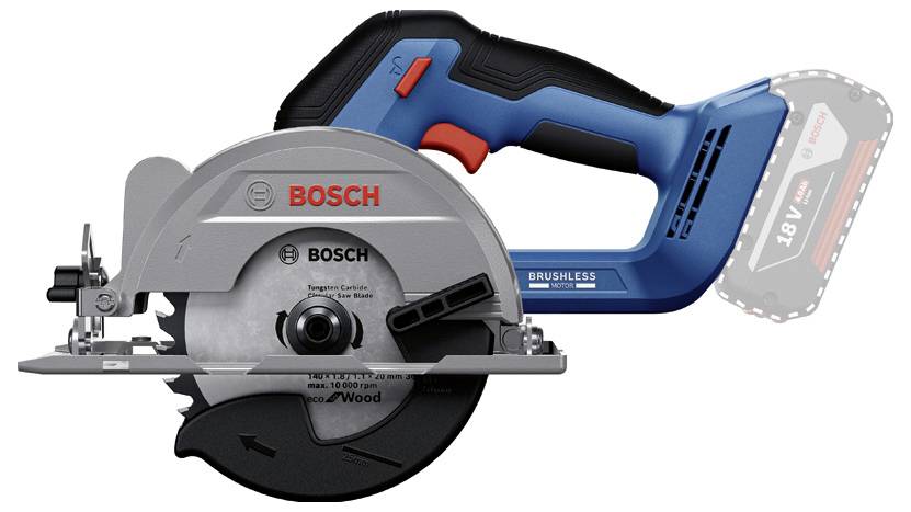 Akkubetriebene Bosch-Handkreissäge mit grauer Säge- und blauem Griffteil. Batteriefach sichtbar, Batterie nicht eingesetzt.
