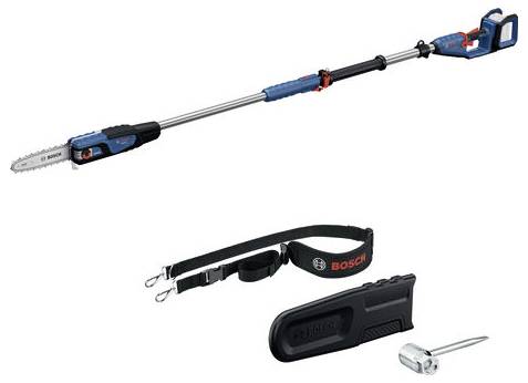 Teleskop-Astsäge mit Akku- und Ladegerät, Gurt, Schutzhülle und Werkzeug. Geeignet für Baumschnitt und schwer erreichbare Äste.